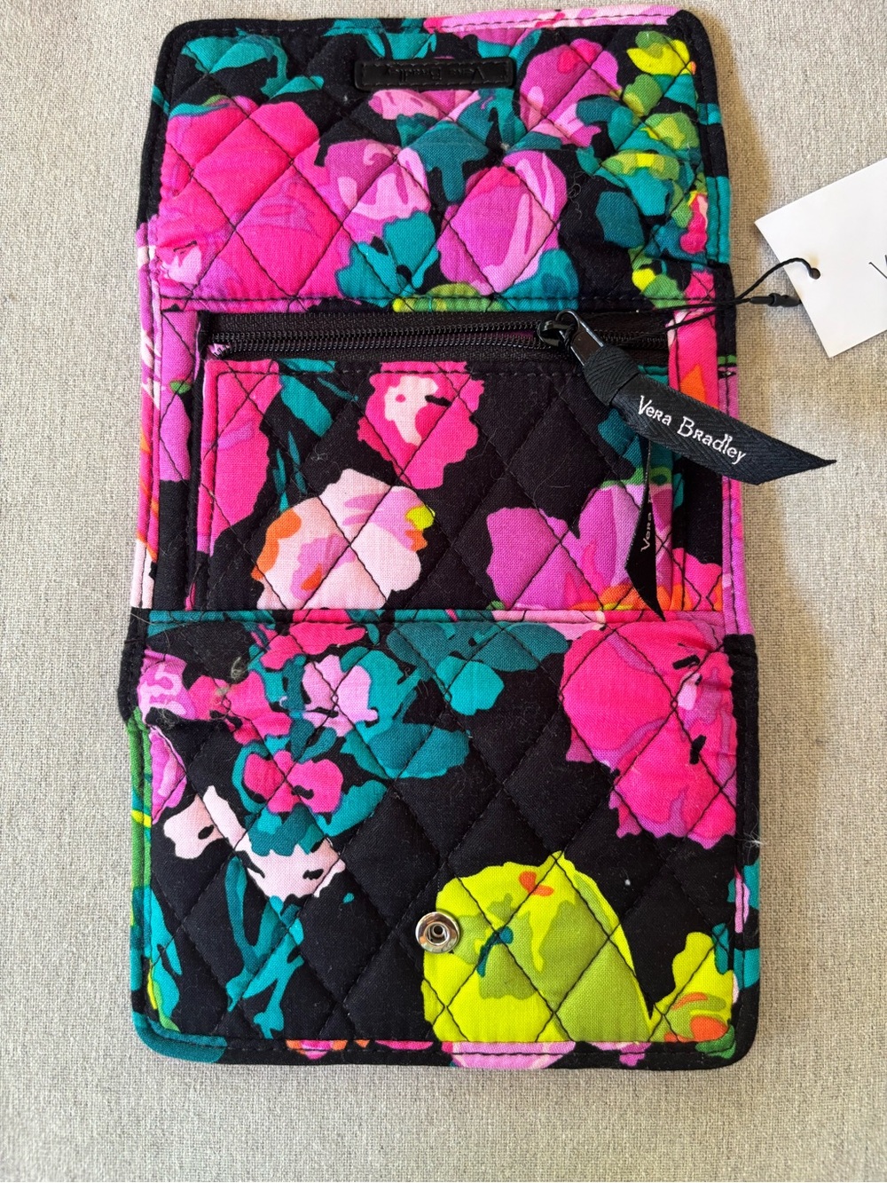 Vera Bradley Quilted Floral Trifold Wallet - Black, Hot Pink & Teal - Picture 6 of 11